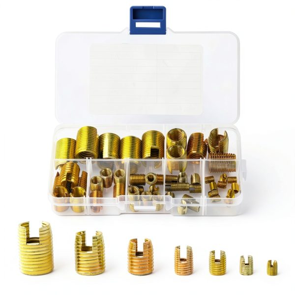 50Pcs Self Tapping Thread Insert, 302 Stainless Steel Self Tapping Slotted Thread Inserts Set with Storage Case, M3 M4 M5 M6 M8 M10 M12 Thread Reinforce Repair Tool (Gold)-0