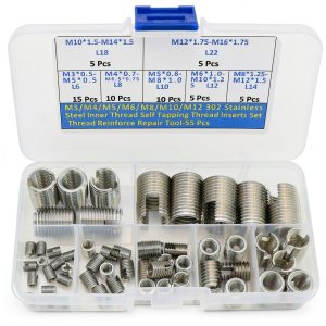 Threaded Inserts, M3 M4 M5 M6 M8 M10 M12 302 Stainless Steel Self Tapping Thread Insert Screw Bushing Slotted Wire Thread Repair Insert-55 Pcs-0